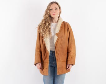 80s Vintage Brown Sheepskin Shearling Coat, Western Cowgirl Outerwear, Size XL/XXL