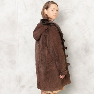 Vintage 90s Suede Coat, Size Large L, Brown Faux Fur Coat, Hooded Leather Coat, Winter Outwear, Penny Lane Coat, Afghan Coat, Women Clothing image 4