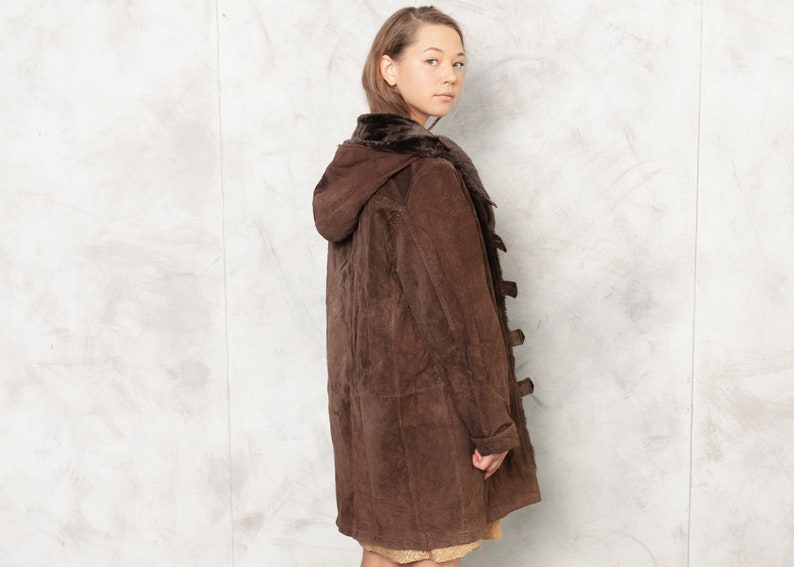 Vintage 90s Suede Coat, Size Large L, Brown Faux Fur Coat, Hooded Leather Coat, Winter Outwear, Penny Lane Coat, Afghan Coat, Women Clothing image 4