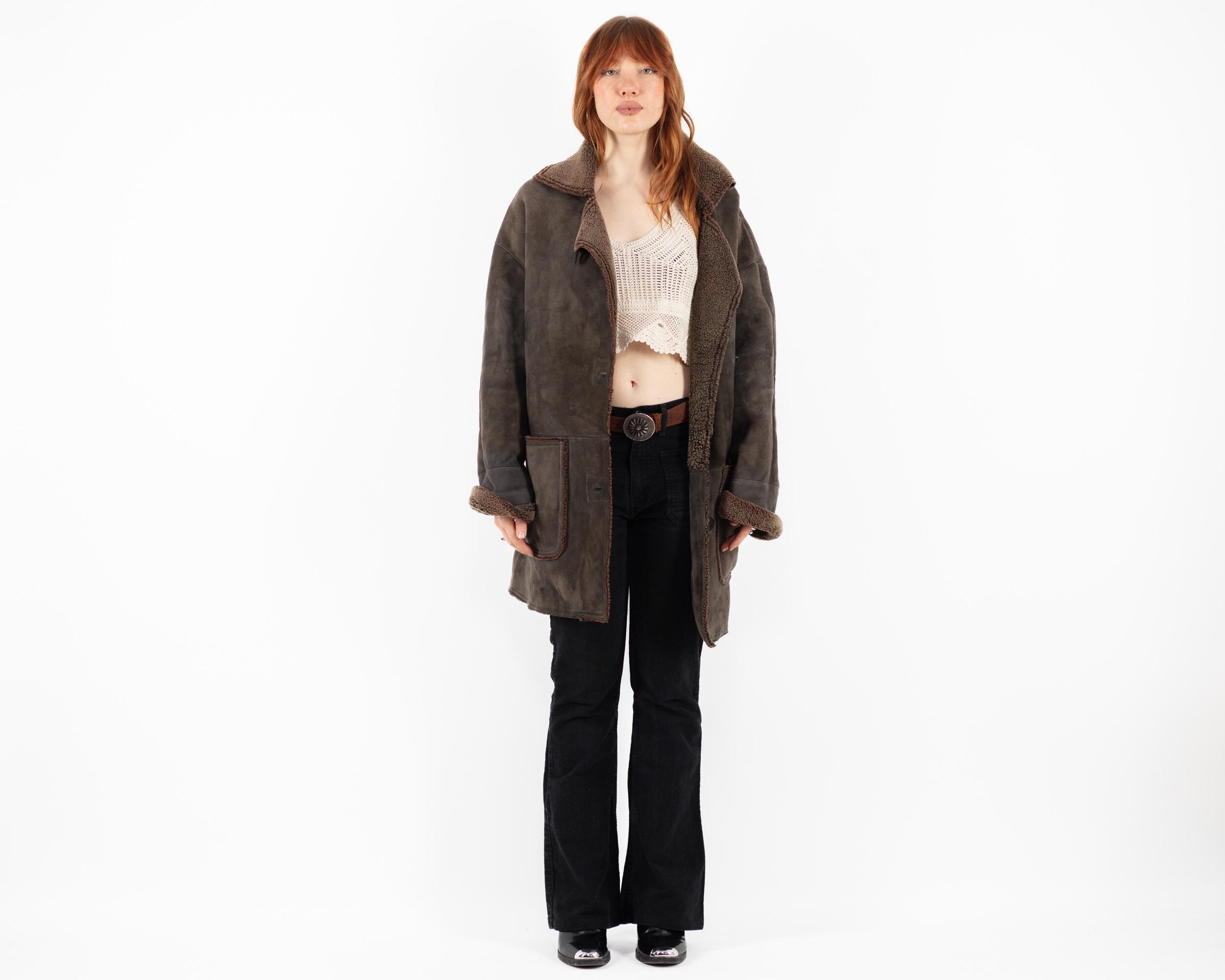 90s Brown Sheepskin Coat, Size L Vintage Shearling Coat, Western Cowgirl Overcoat, Vintage Outerwear, Brown Shearling Coat, Western Wear