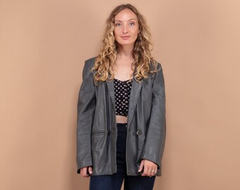 Oversized Leather Blazer, Size Medium M, 90s Gray Leather Blazer, Casual Streetwear Style Blazer Jacket, Retro Leather Coat, 90s Outerwear