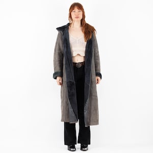 Vintage Gray Long Sheepskin Coat, Size L Gray Sheepskin Coat, Sheepskin Long Coat, Retro Leather Overcoat, Oversized Coat, 80s Outerwear
