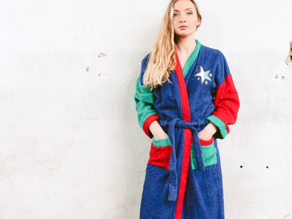 90s Colorblock Bathrobe . Vintage Cotton Terry Clo