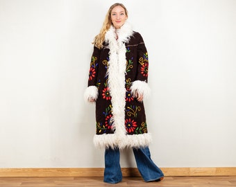 Vintage Style Afghan coat women sheepskin shearling sherpa penny lane almost famous boho hippie swinging london embroidery size large