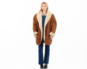 Vintage Brown Shearling Coat Women’s Oversized Genuine Sheepskin Leather Coat Cream Shearling Winter Jacket 80s