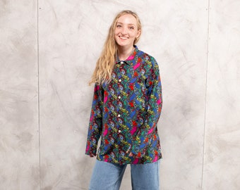 70s Patterned Blouse oversized boho shirt psychedelic retro wear longline top free fit royal bold shirt women vintage clothing size medium