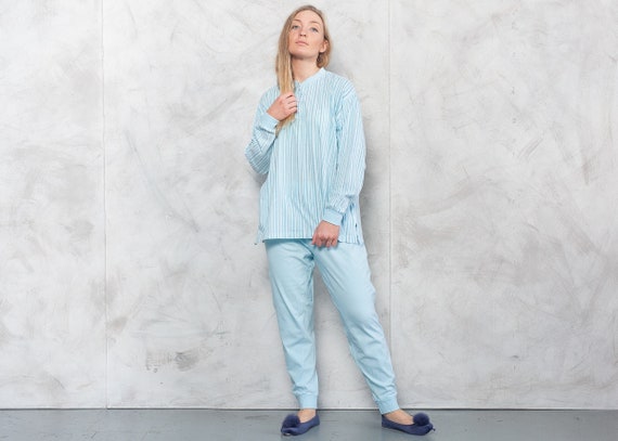 Vintage 90s Blue Striped PJs . Vintage Pajama Set