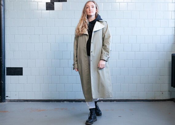 Vintage Sage Trench Coat . 80s Olive Green Belted