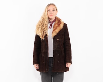 70s Brown Sheepskin Coat, Penny Lane Boho Coat Size S