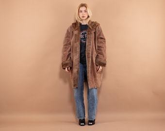 Oversized Suede Sherpa Coat 90's, Size XXL Large, Vintage Women Button Up Suede Coat, Faux Shearling Coat, Boho Western Style Outerwear
