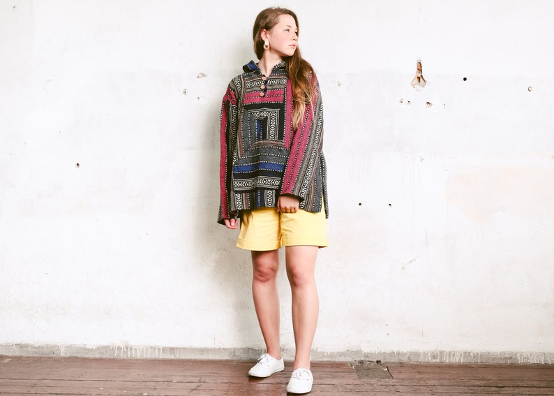 size Large Vintage Ethnic Woven Sweater Oversized Drug Rug Geometric Striped Hippie Hoodie Loose Boho Hoodie Unisex Baja Hoodie
