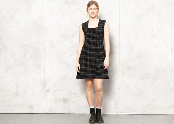Black Apron Dress Vintage 90s Women Mini Dress Sle