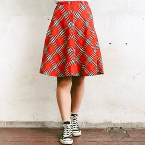 80s Vintage Skater Skirt . Checked High Waist Skirt Casual A-Line Skirt Summer Skirt Plaid Orange Skirt Flared Knee Length Skirt. size Small image 4