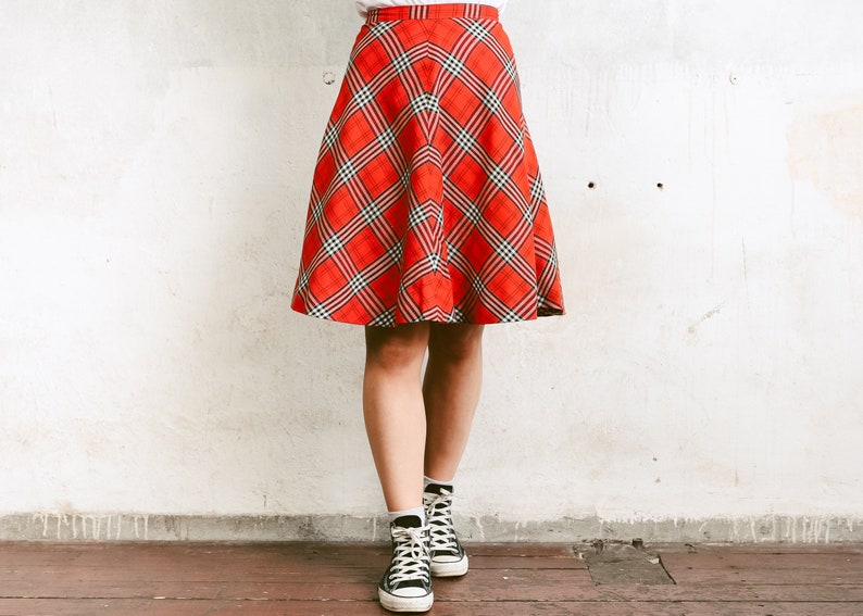 80s Vintage Skater Skirt . Checked High Waist Skirt Casual A-Line Skirt Summer Skirt Plaid Orange Skirt Flared Knee Length Skirt. size Small image 4