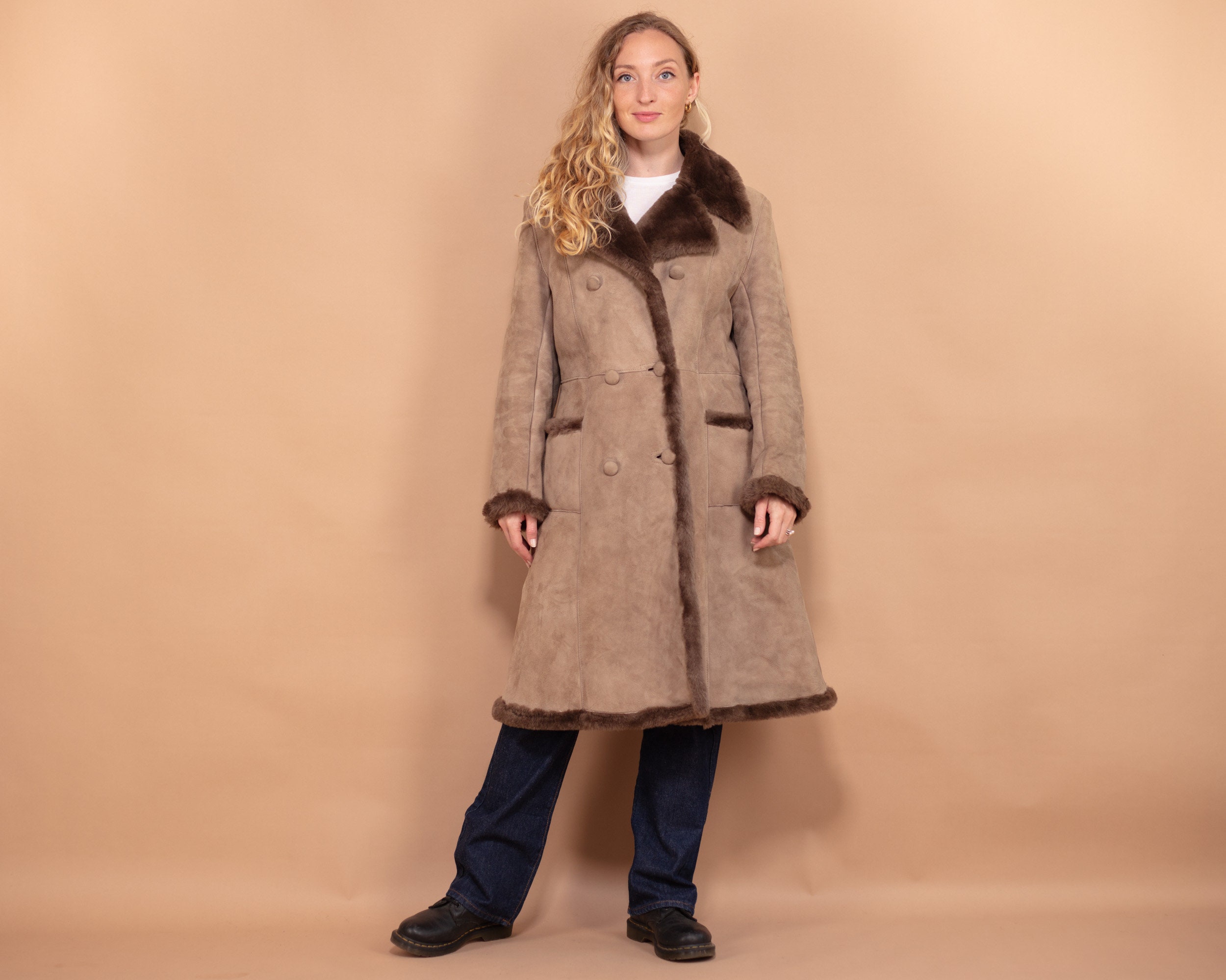 Vintage Style Shearling Sheepskin Coat, Oversized Brown