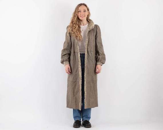 70s Gray Sheepskin Long Coat, Size M/L Vintage Sheepskin Coat
