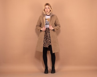 Vintage Shearling Coat Women’s Beige Suede Long Sheepskin Coat Ribbed Collar 70s Style Winter Coat XS S