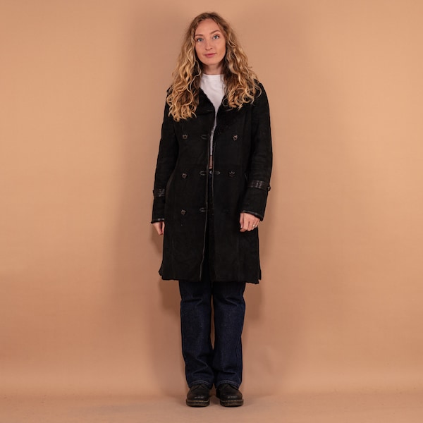 Manteau en fourrure de mouton noir des années 90, petite taille, pardessus en daim noir pour femme, manteau élégant croisé, vêtements d'extérieur vintage, vêtements féminins