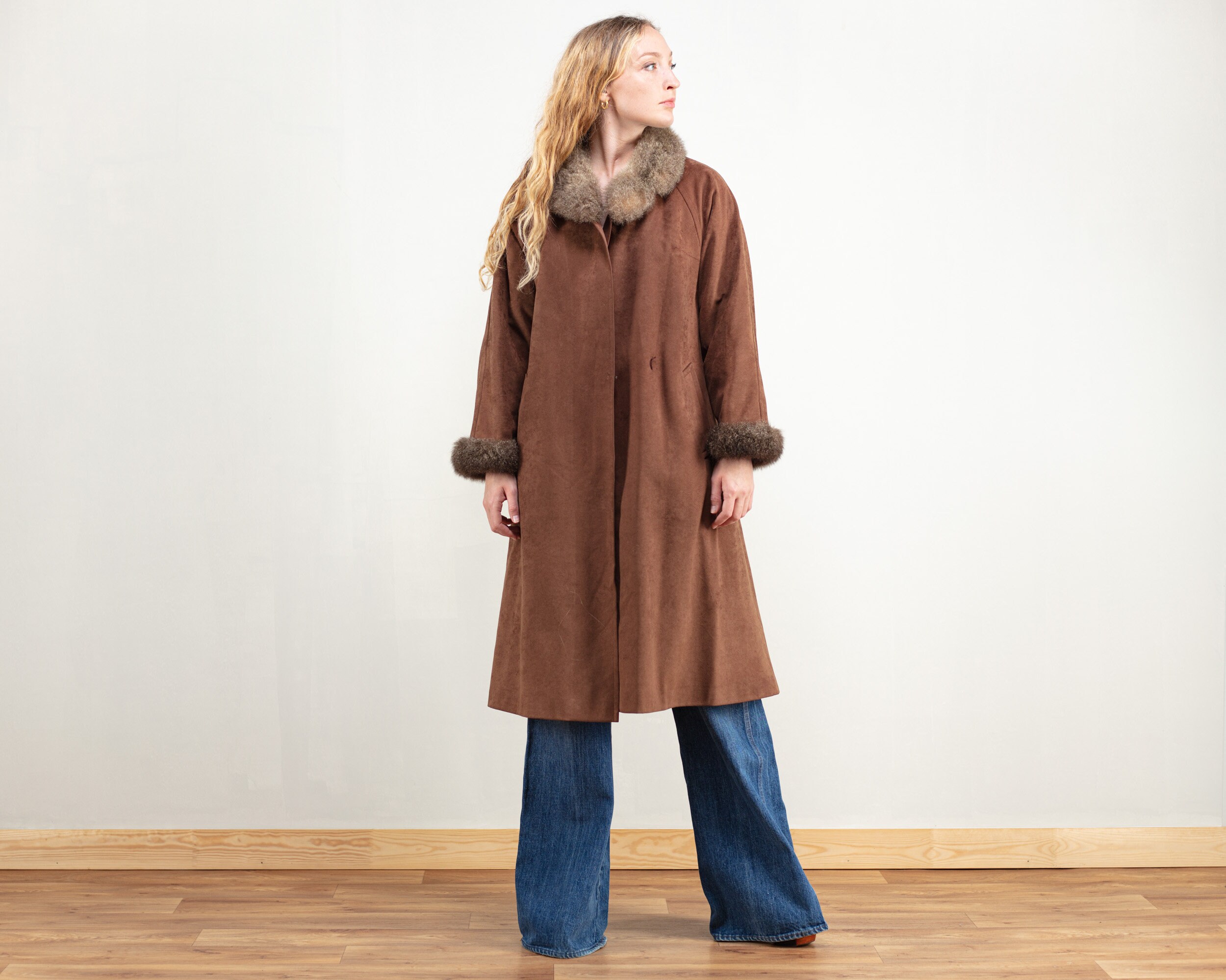 Women Winter Coat Brown Vintage 80s Fur Collar Coat Longline Brown