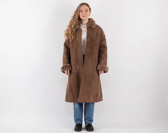 Abrigo vintage de piel de oveja marrón de los años 70, estilo afgano con forro de borrego, talla L/XL extragrande.