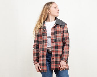 Plaid Wool Coat, Size Medium M, Red Short Jacket, Wool Blend Coat, Retro Jacket, Short Coat, 70s Vintage Clothing, Womens Clothing