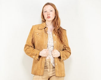 Women Suede Jacket 90's vintage women beige blazer minimalist western fall outerwear short jacket effortless Y2K style fashion size medium M