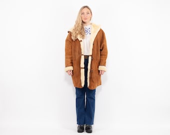 90s Distressed Hooded Sheepskin Coat Western Style Size XL