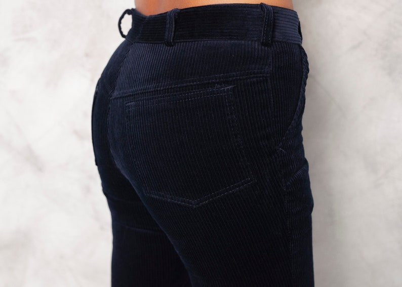 70s Corduroy Pants High Waist Trousers Straight Leg Pants Blue Trousers Retro Bottoms Corduroy Jeans Women Vintage Clothing size Small image 7