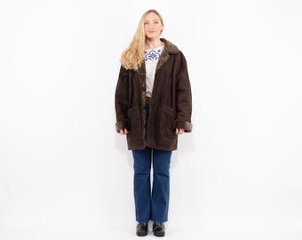 90s Brown Western Suede Sherpa Coat, Vintage Overcoat, Size XXL