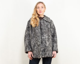 70s Vintage Grey Karakul Fur Jacket, Lamb Fur Opera Coat, Size M