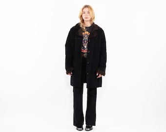 Vintage Women’s Faux Sheepskin Coat, 90s Dark Navy Blue Faux Shearling Coat Brown Teddy Lined Winter Coat Oversized XL
