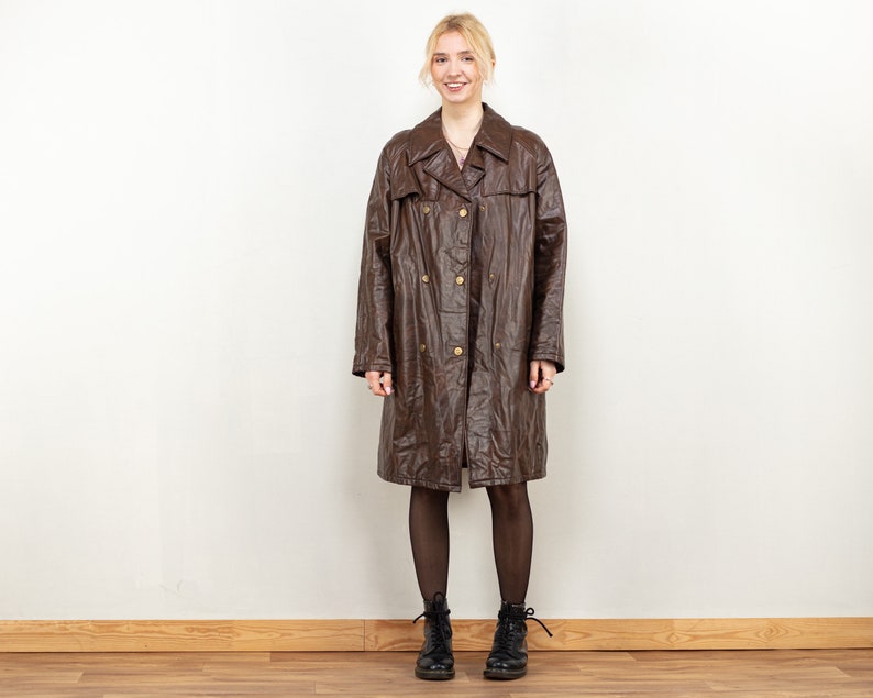 Faux Leather Double-Breasted coat vintage 70s women brown faux leather coat minimalist daisy jones and the six raglan oversized size large image 1