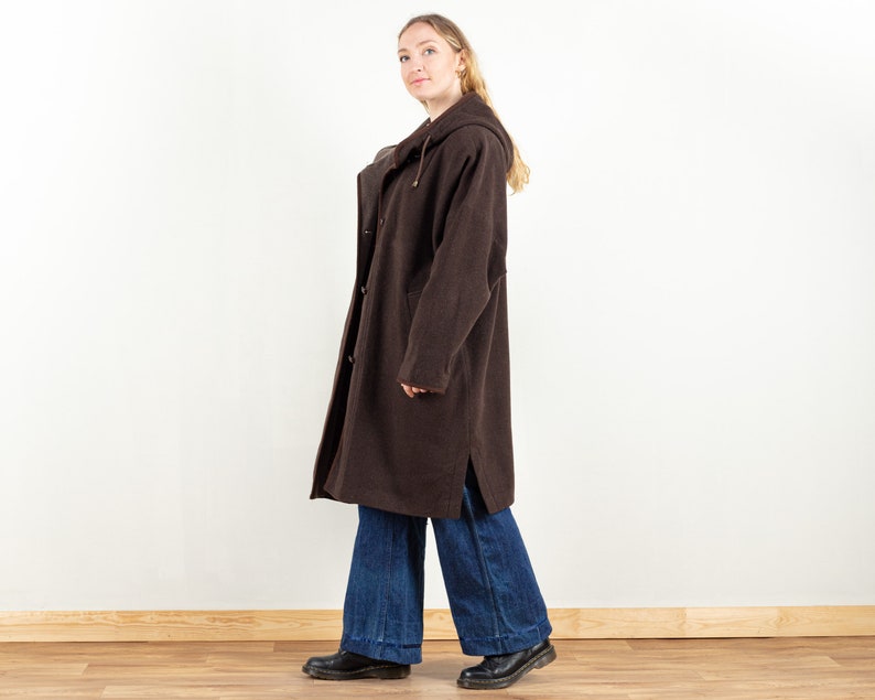 Bruine vintage jas, wollen jas met capuchon, maat extra groot 3 XL, plus size jas, wollen overjas, dameskleding, oversized jas, wollen bovenkleding afbeelding 3