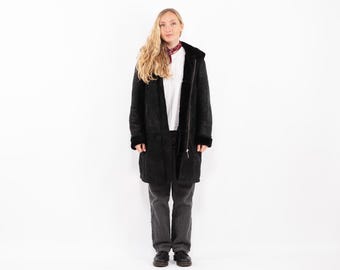 90s Black Sheepskin Shearling Coat, Boho Western Outerwear, Size L/XL