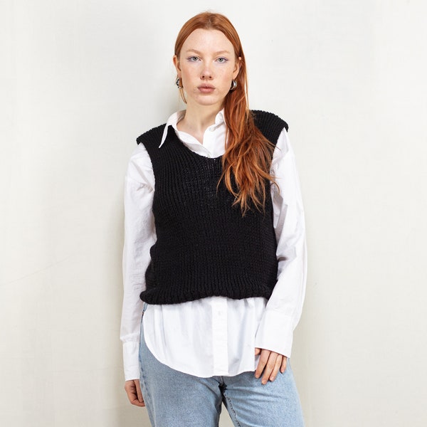 Femmes vintage des années 90 fait main gilet tricoté grosse maille noire solide col en v preppy college doux utilisé minimaliste rétro western taille extra petit XS