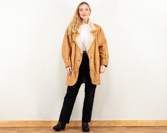 Leather Sheepskin Coat vintage 80's women brown leather shearling coat exclusive coat shearl coat women winter wear size large