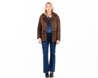 Vintage 70s Brown Sheepskin Jacket Women’s M Genuine Shearling Coat Suede Leather Winter Jacket