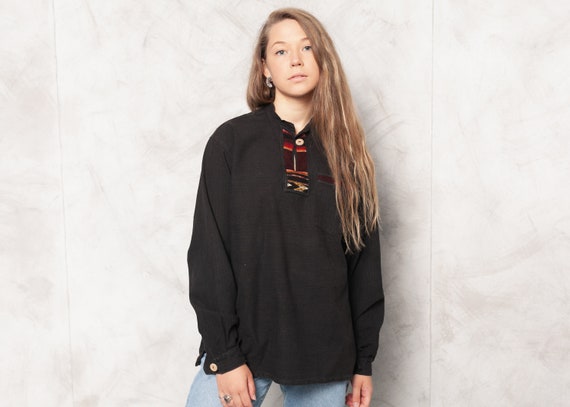 Vintage 80s Black Ethnic Shirt . Woven Insert Shir