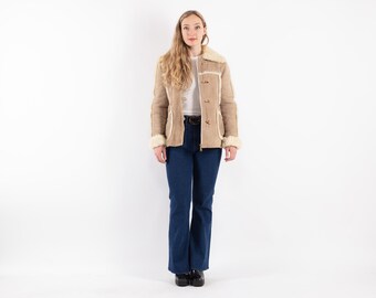 70s Vintage Suede Sheepskin Leather Shearling Fastens Coat size 