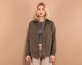 90年代ヴィンテージカーキコットン長袖シャツ、グランジストリートウェア、サイズM/L