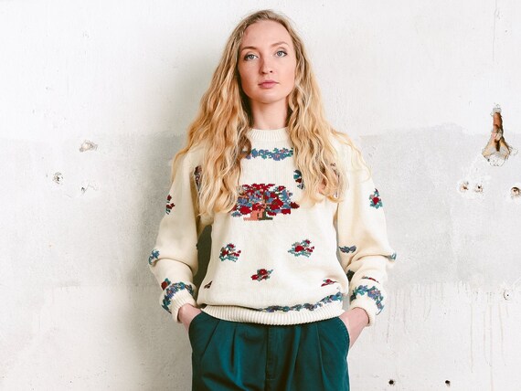 Vintage Graphic Sweater 1990s 90s Pullover Sweater White Pink Floral Small S Medium M