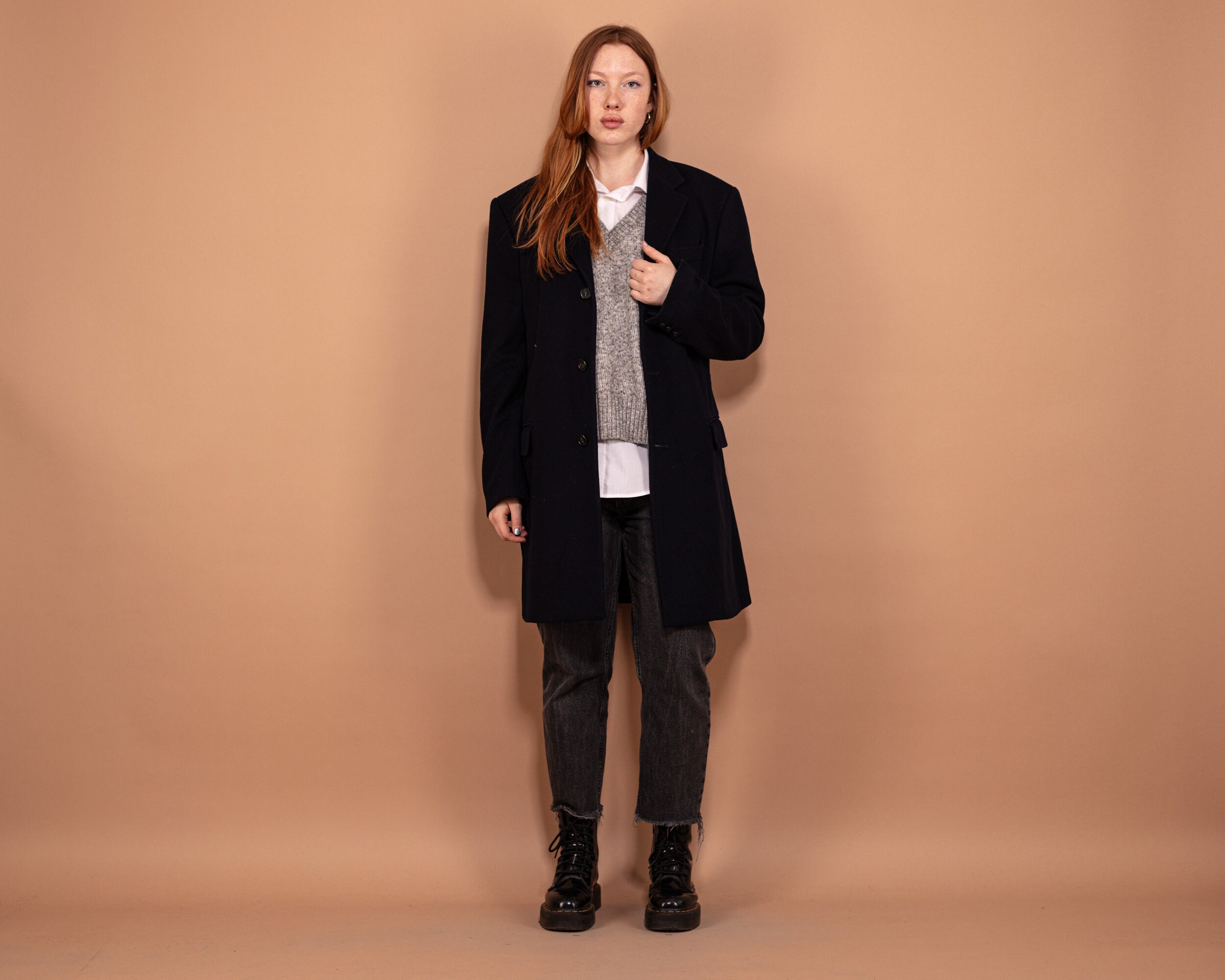 ジャケット・アウター 90s vintage wool melton coat navy L 90s Vintage Blue Wool Blend Coat, Topcoat, Oversized L - Etsy