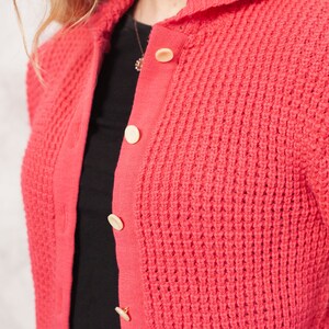 Pink Knitted Cardigan 70s Coral Pink Cardigan Knitted Cozy Cardigan Retro See Through Knitwear Vintage Women Clothing size XS Extra Small image 4