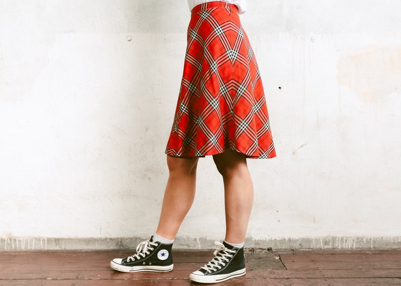 80s Vintage Skater Skirt . Checked High Waist Skirt Casual A-Line Skirt Summer Skirt Plaid Orange Skirt Flared Knee Length Skirt. size Small image 5