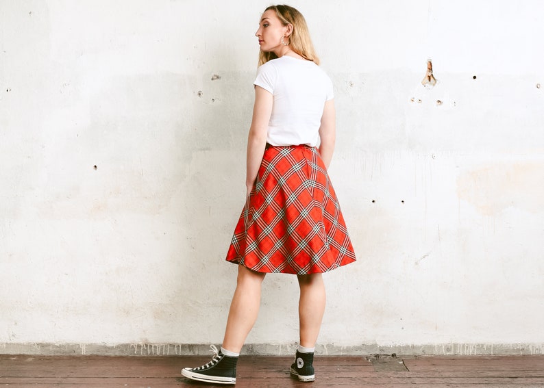 80s Vintage Skater Skirt . Checked High Waist Skirt Casual A-Line Skirt Summer Skirt Plaid Orange Skirt Flared Knee Length Skirt. size Small image 3