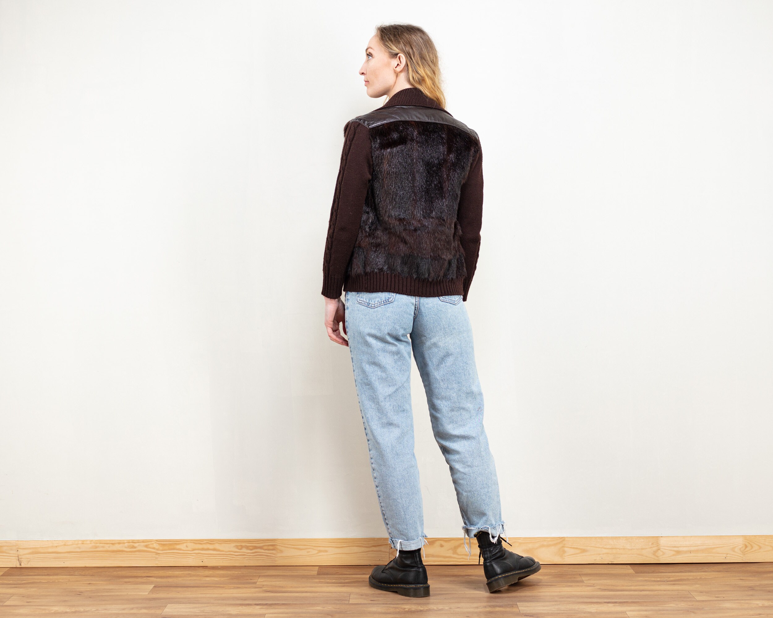 Fur and Knit Jacket Vintage 70s Brown Fancy Zip up Fur Body Fur and Knit Jacket Vintage 70s Brown Fancy Zip up Fur Body