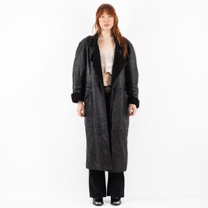 90s Black Sheepskin Long Coat, Size XL Shearling Coat, Boho Winter Sheepskin Coat, Retro Black Leather Fur Coat, NorthernGirlStore