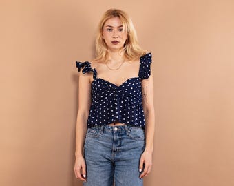 90s Vintage Blue Y2K Polka Dot Crop Top, Size XS/S