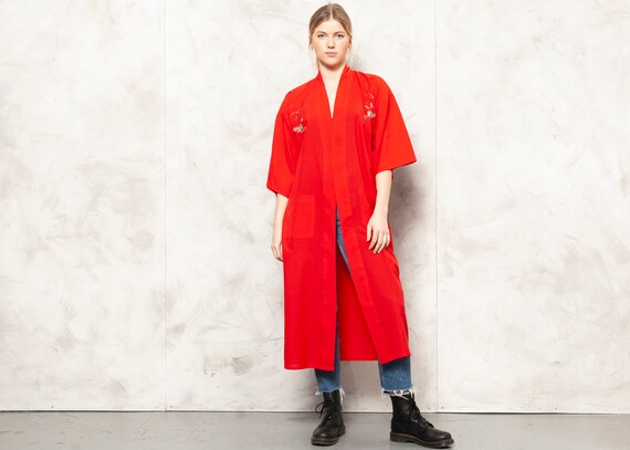 Oriental Morning Robe Vintage 90s Red Kimono Robe