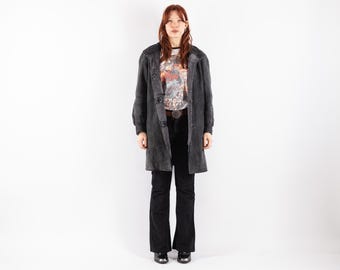 80s Vintage Gray Sheepskin Shearling Overcoat, Size L/XL
